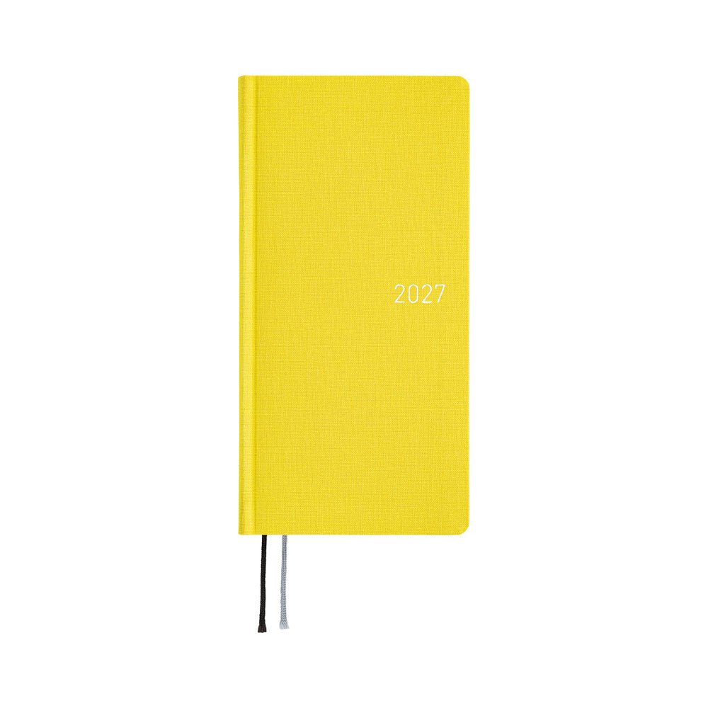 A bright yellow 2027 planner shown on a plain white background.