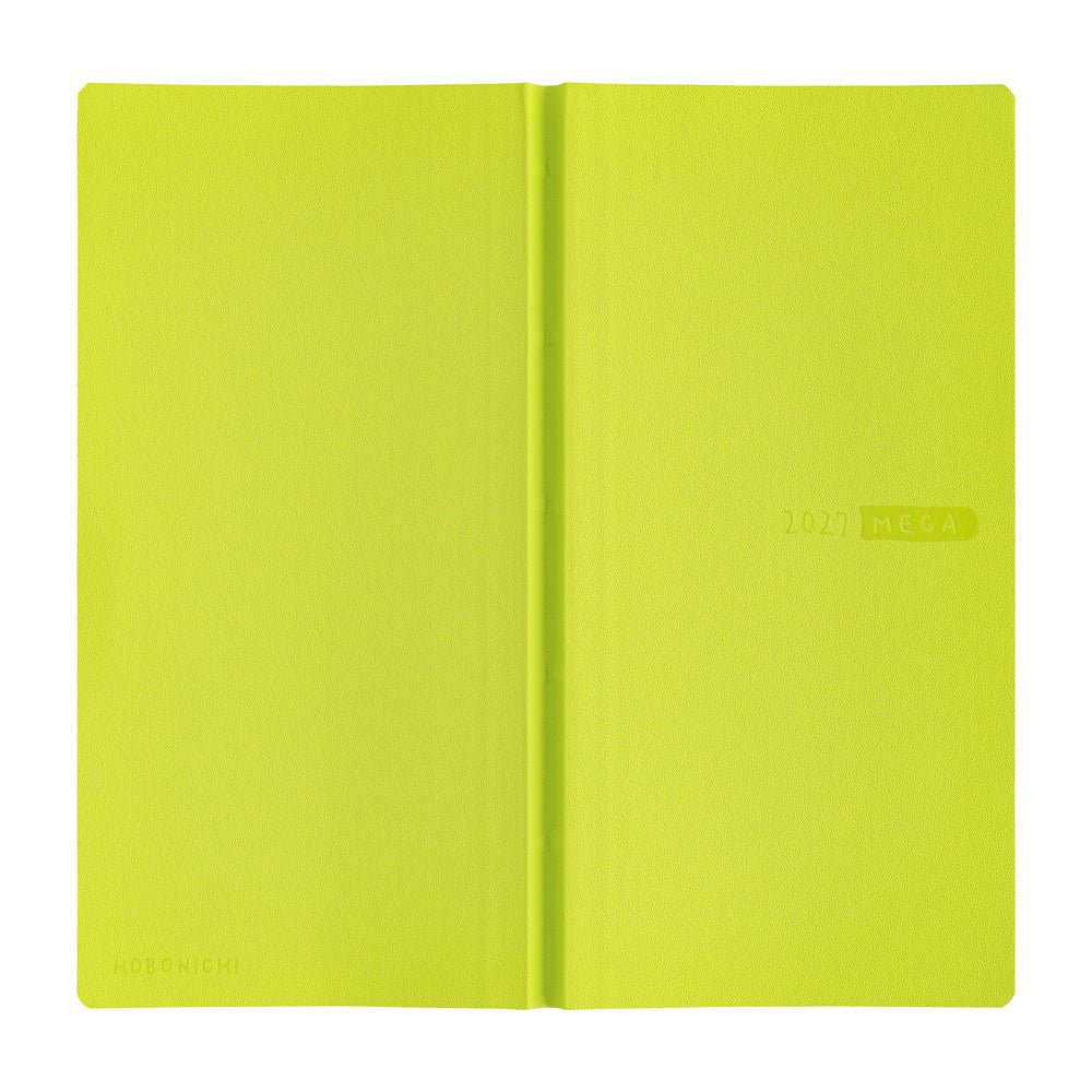 The exterior of a lime green 2027 Hobonichi Weeks Mega planner.