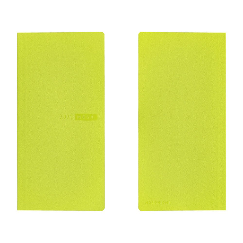 A front and back view of a lime green planner. "2027 MEGA" is debossed on the front cover.