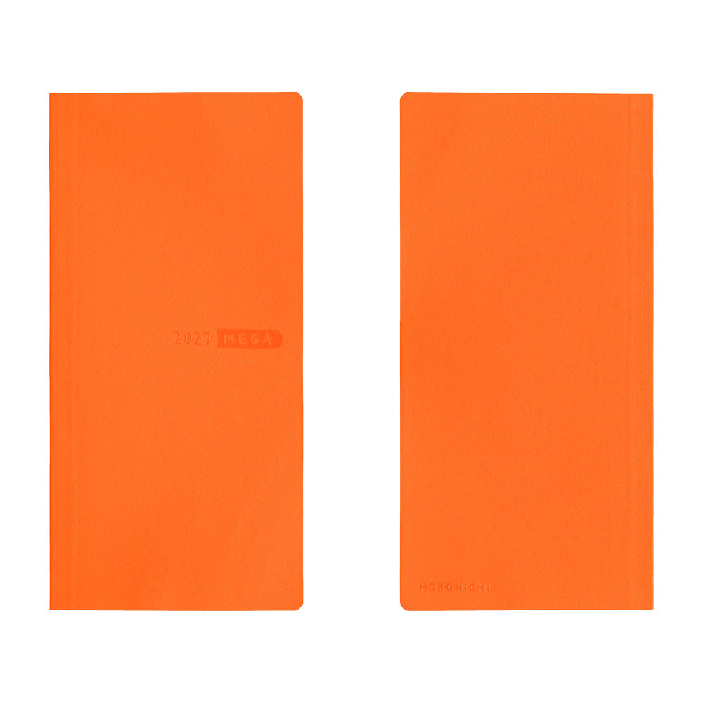 A front and back view of a bright orange planner with a subtle embossed logo on the front that reads "2027 MEGA".