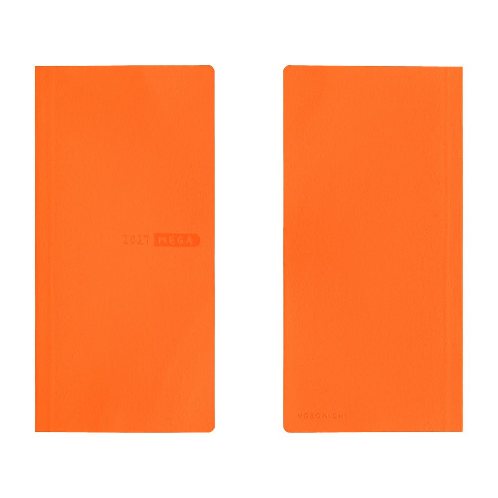 A front and back view of a bright orange planner with a subtle embossed logo on the front that reads "2027 MEGA".