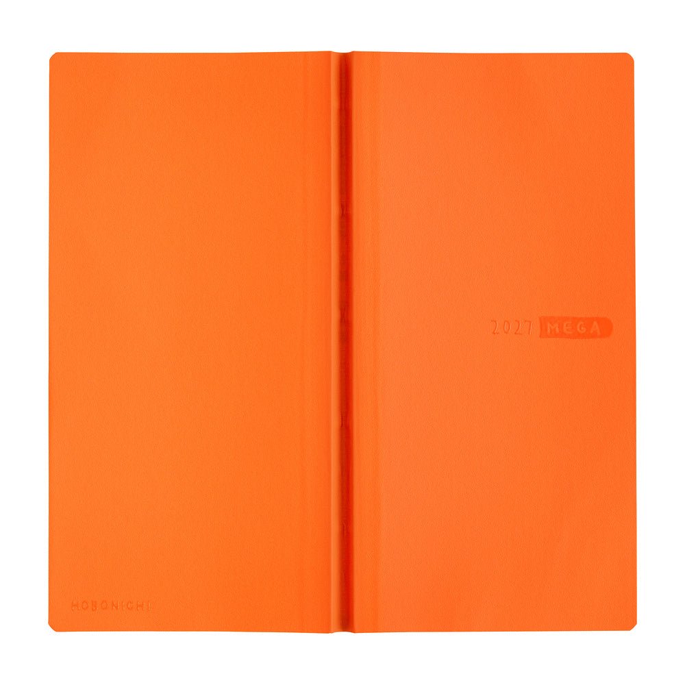 A bright orange 2027 Mega Hobonichi planner shown closed against a plain white background.