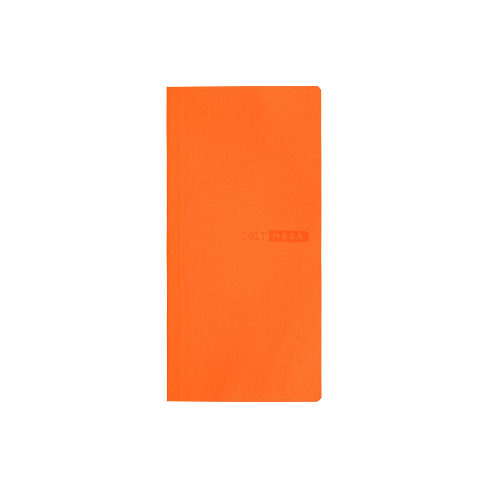 A bright orange planner with a subtle embossed logo on the front cover that reads 2027 MEGA, centered against a plain white background.