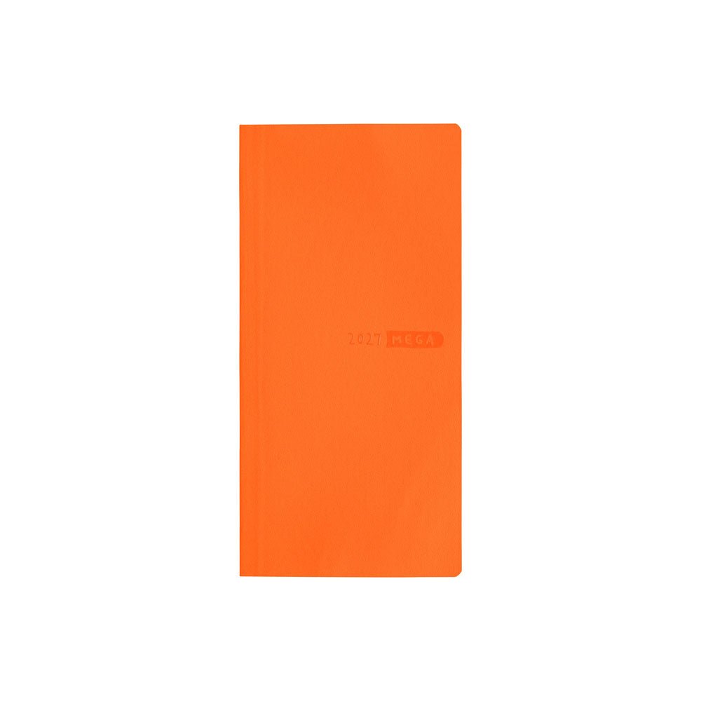 A bright orange planner with a subtle embossed logo on the front cover that reads 2027 MEGA, centered against a plain white background.