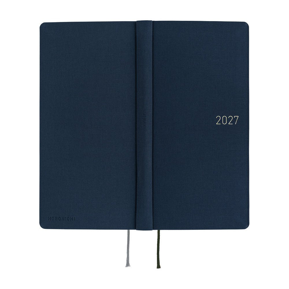 A 2027 Hobonichi Mega Weeks planner in Midnight Blue.