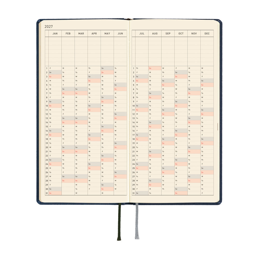 A 2027 Hobonichi Mega Weeks planner in Midnight Blue.