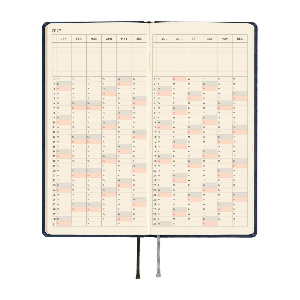 A 2027 Hobonichi Mega Weeks planner in Midnight Blue.