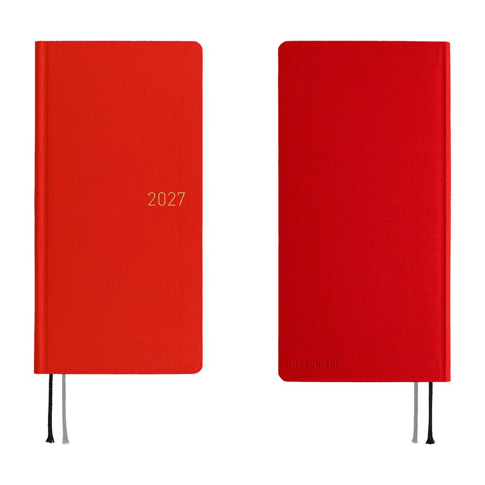 A 2027 Hobonichi Mega Weeks planner in the color Poppy Red