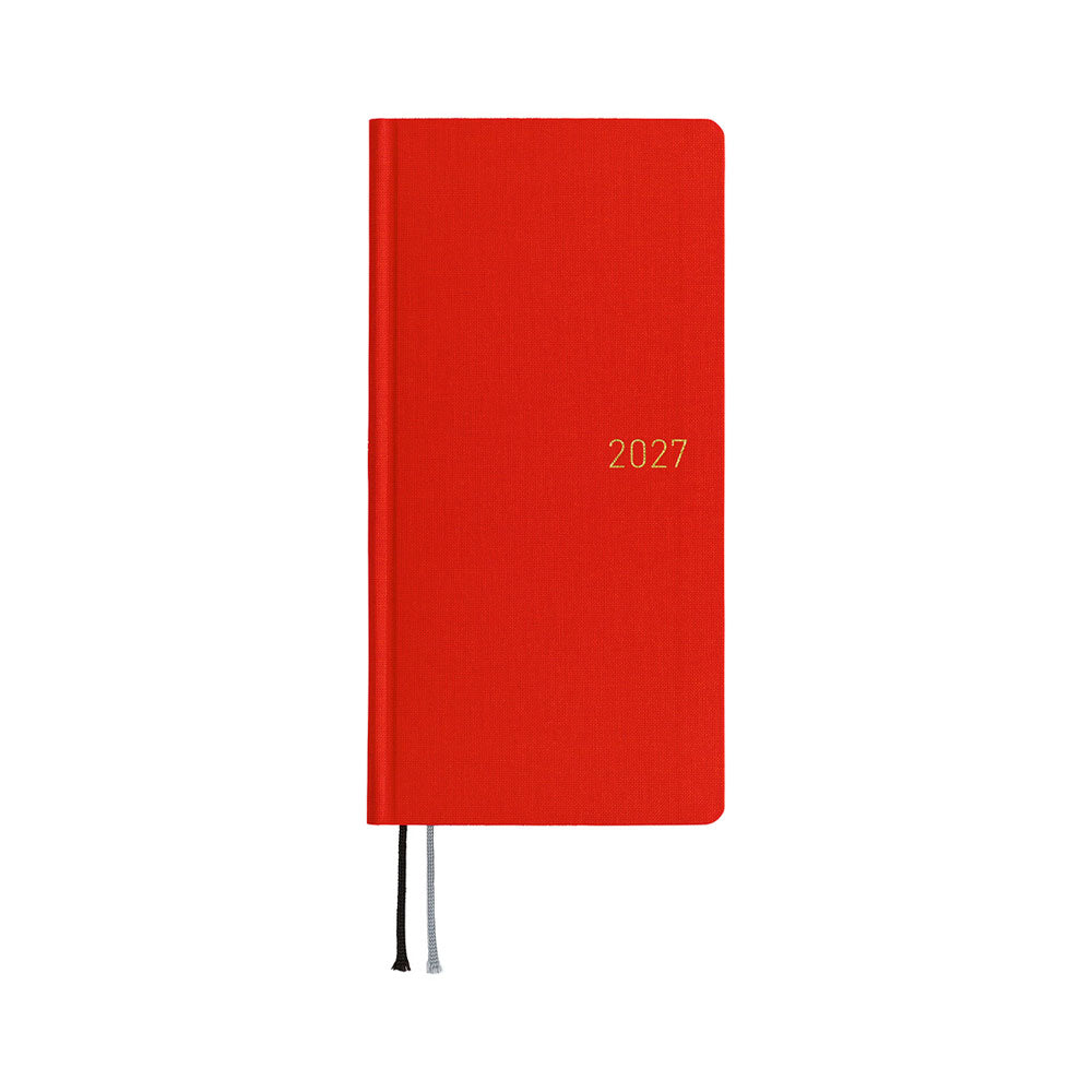 A 2027 Hobonichi Mega Weeks planner in the color Poppy Red