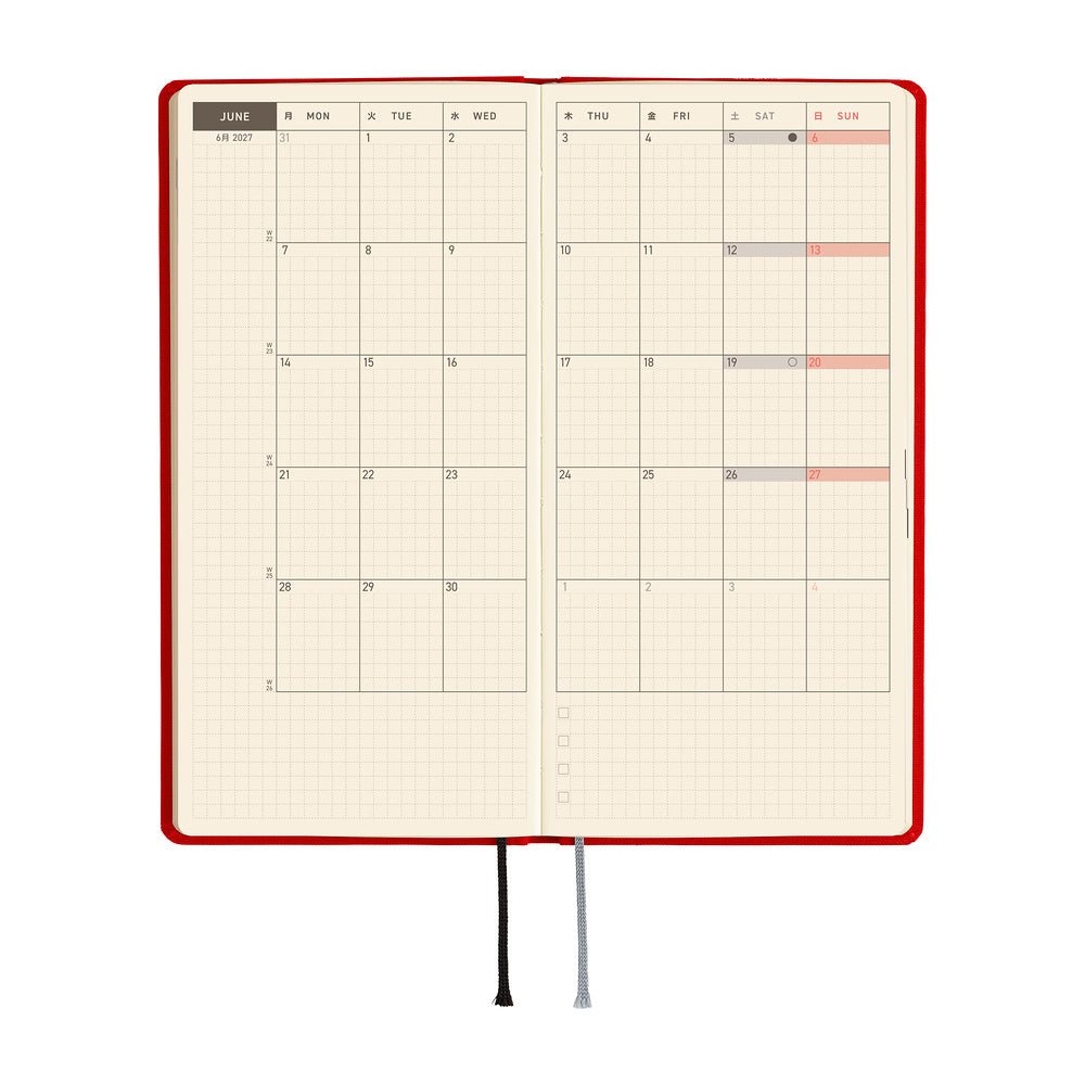 A 2027 Hobonichi Mega Weeks planner in the color Poppy Red