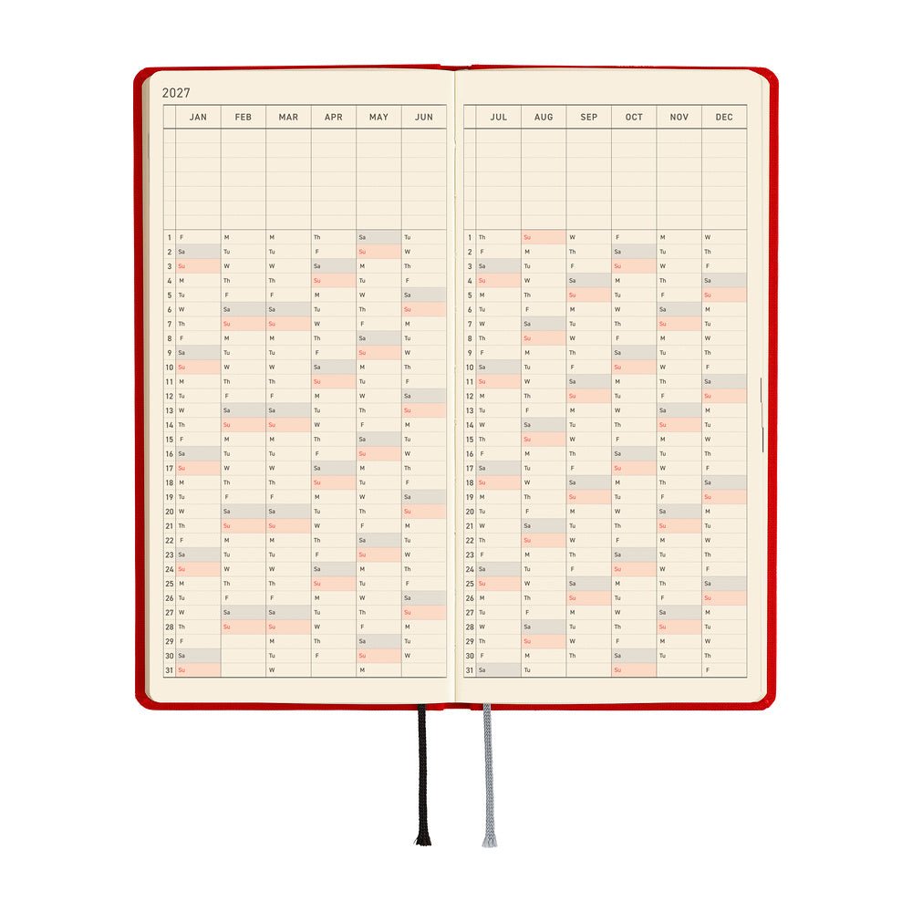 A 2027 Hobonichi Mega Weeks planner in the color Poppy Red