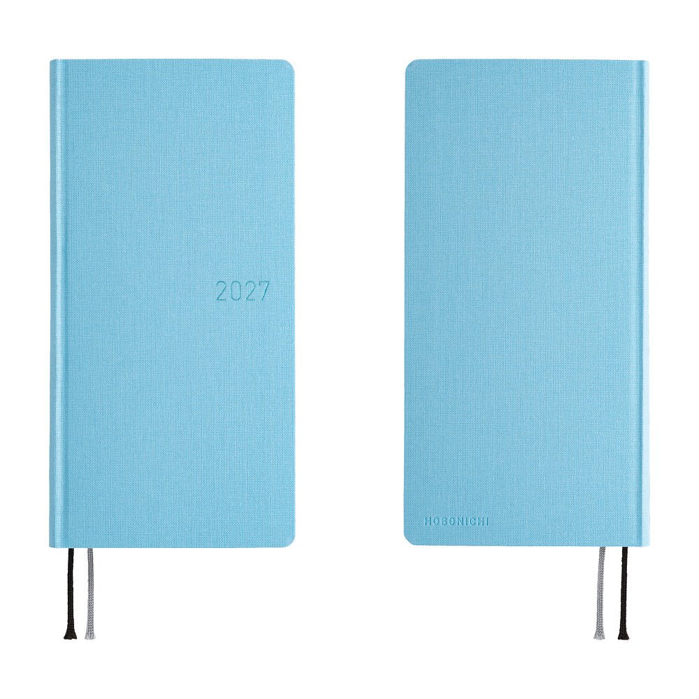 A front and back view of a 2027 planner with a light blue cover that has a slight sheen. The year 2027 is debossed on the front in blue foil.