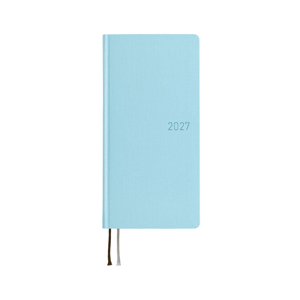 A 2027 planner with a light blue cover that has a slight sheen. The year 2027 is debossed on the front in blue foil.