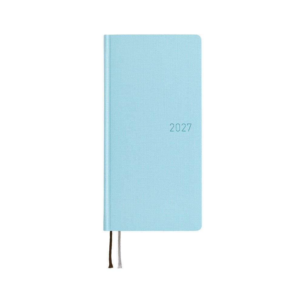 A 2027 planner with a light blue cover that has a slight sheen. The year 2027 is debossed on the front in blue foil.
