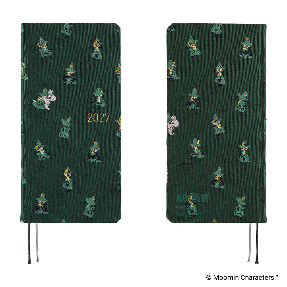 A front and back view of a dark green planner covered with woven "bow & tie" fabric featuring Moomin characters and the year '2027' in gold foil.