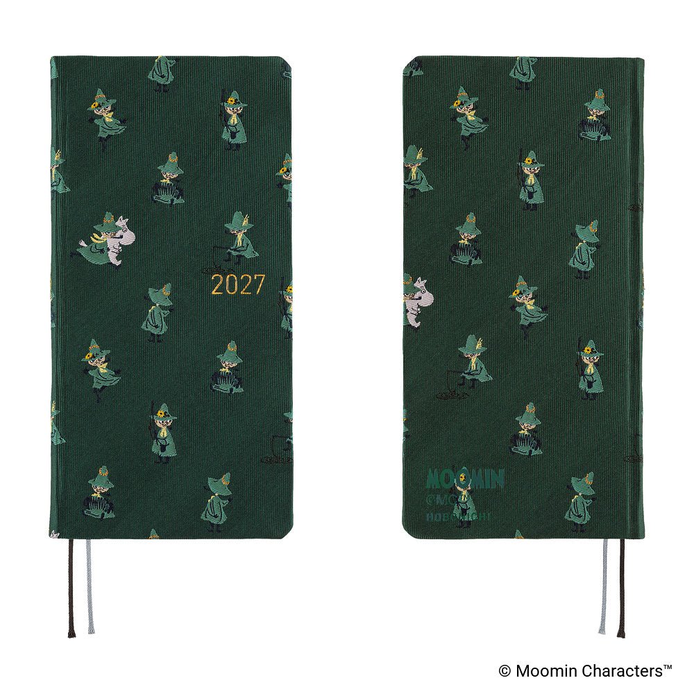 A front and back view of a dark green planner covered with woven "bow & tie" fabric featuring Moomin characters and the year '2027' in gold foil.