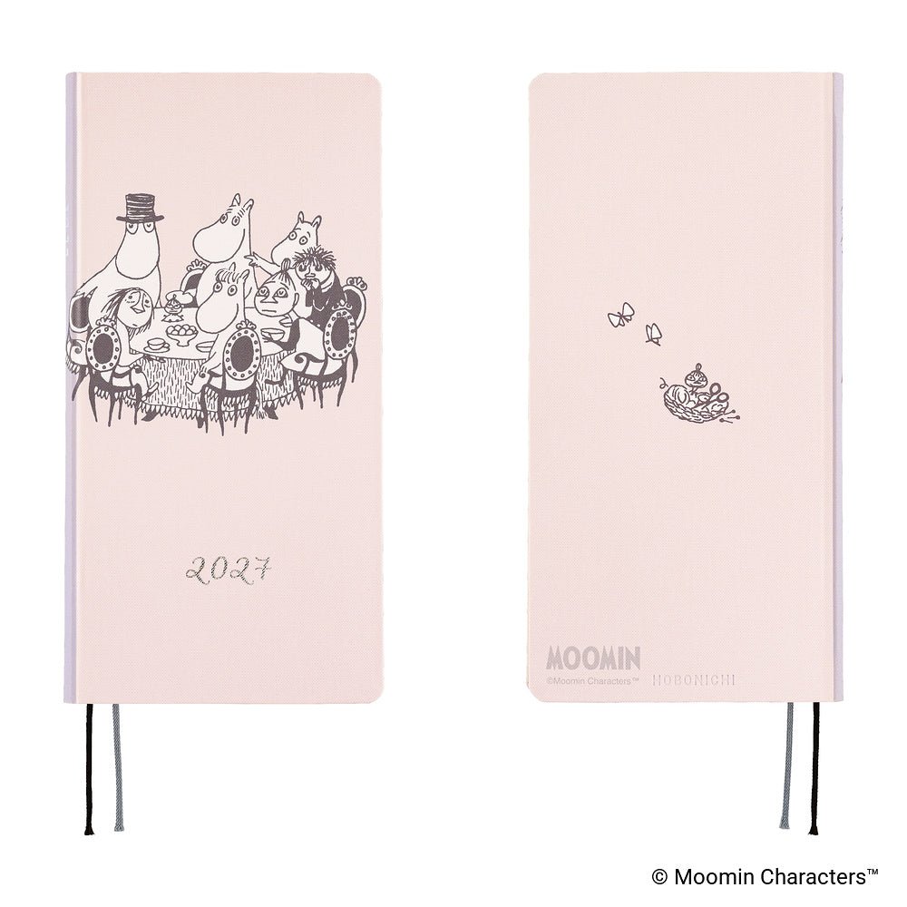 A 2027 Moomin-themed notebook shown from both the front and back. The notebook has a pale pink cover with black line art illustrations of Moomin characters on the front and a small Moomin character on the back.
