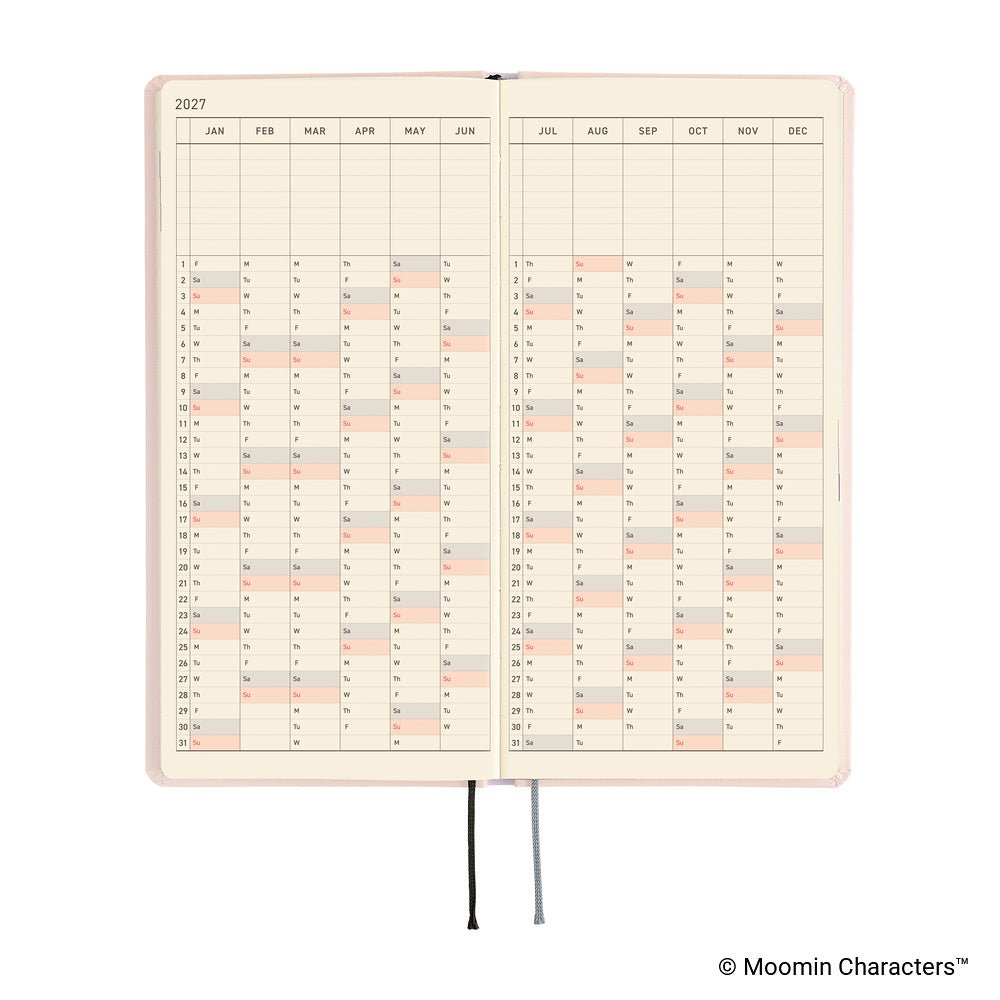 An open 2027 daily planner showing two pages of a yearly calendar grid with cream-colored paper.