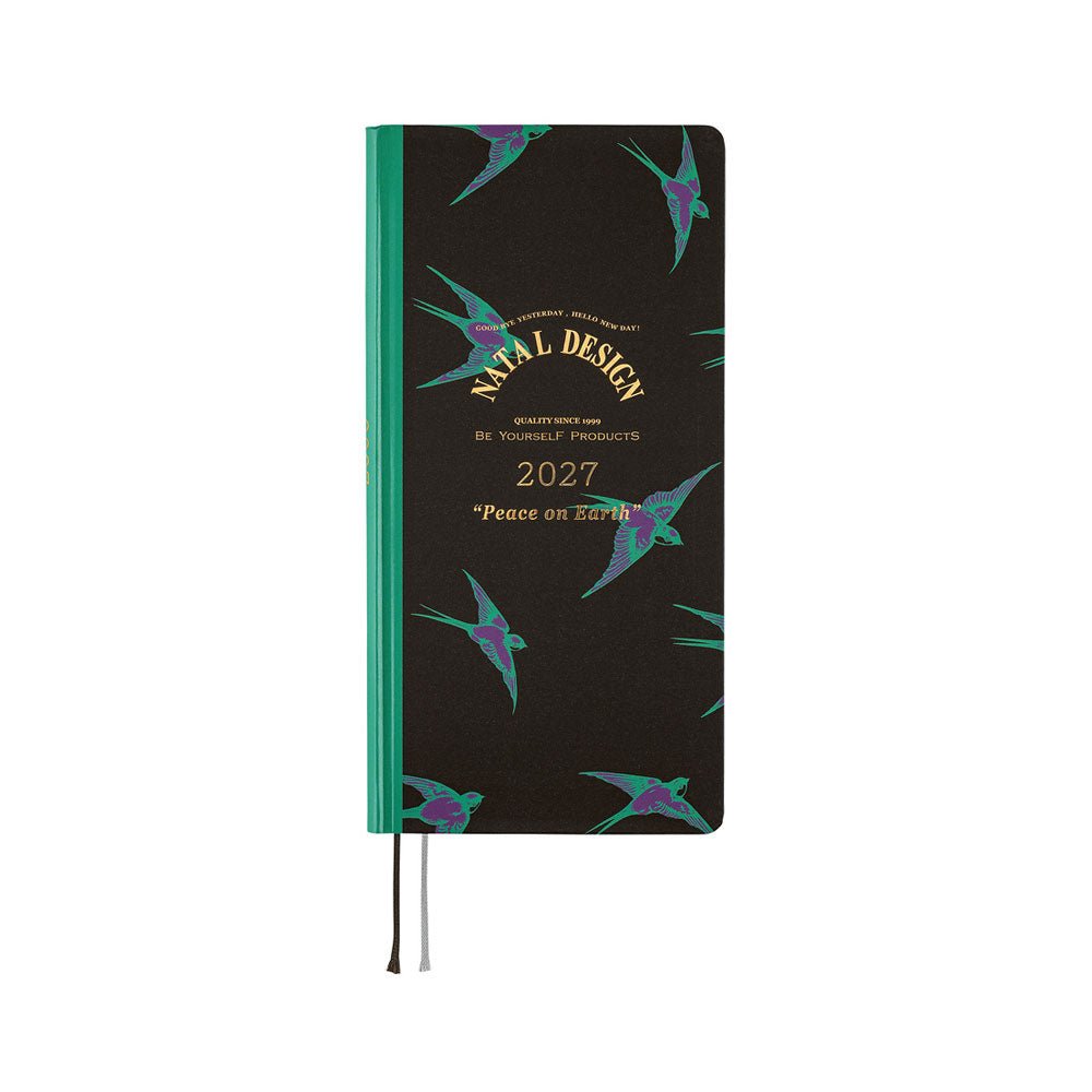 A 2027 planner with a black cover decorated with teal and purple swallow birds, gold foil lettering, and a teal spine, shown on a plain white background.