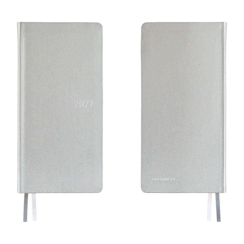 A front and back view of a 2027 planner covered in silver leather. A subtle 2027 is embossed on the front cover.