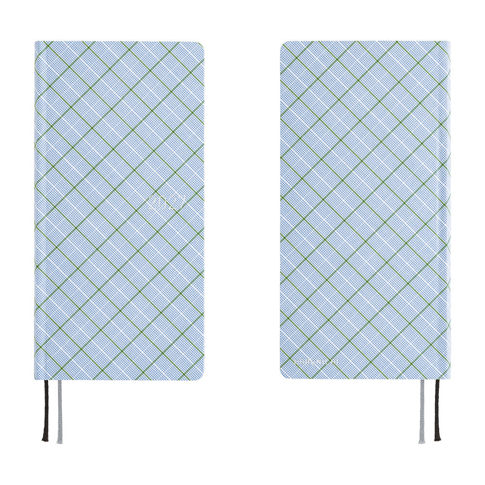 A 2027 fabric-covered planner with a simple blue, white, and green plaid pattern across the cover.