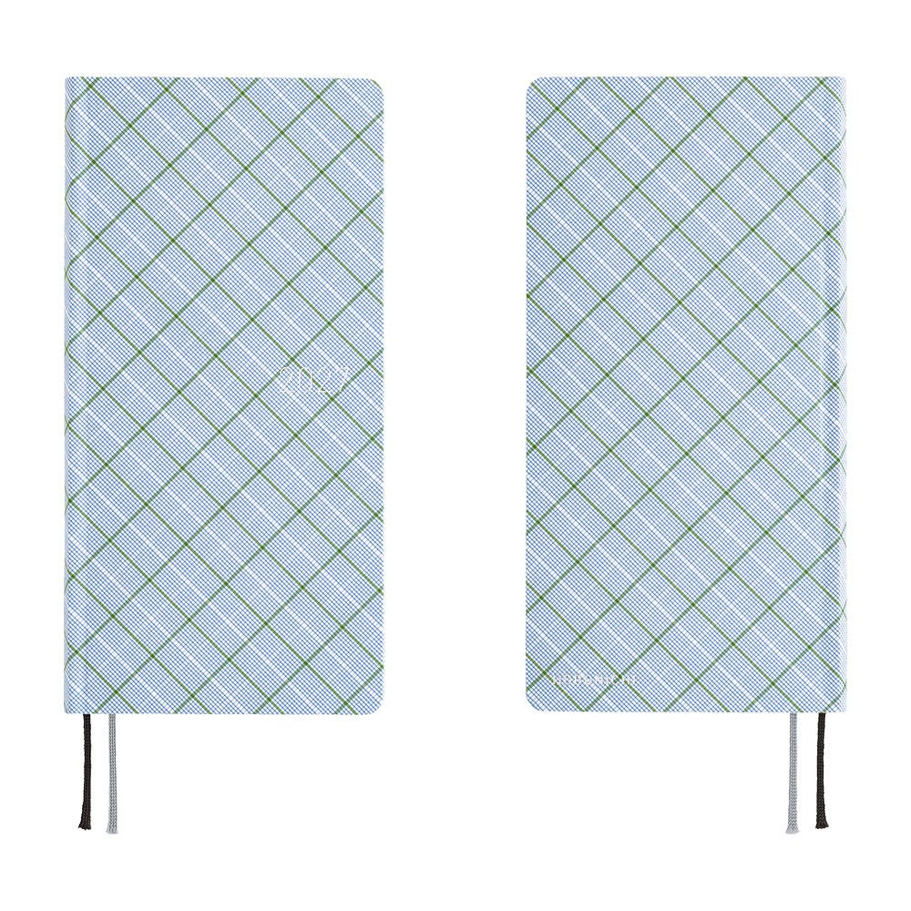 A 2027 fabric-covered planner with a simple blue, white, and green plaid pattern across the cover.