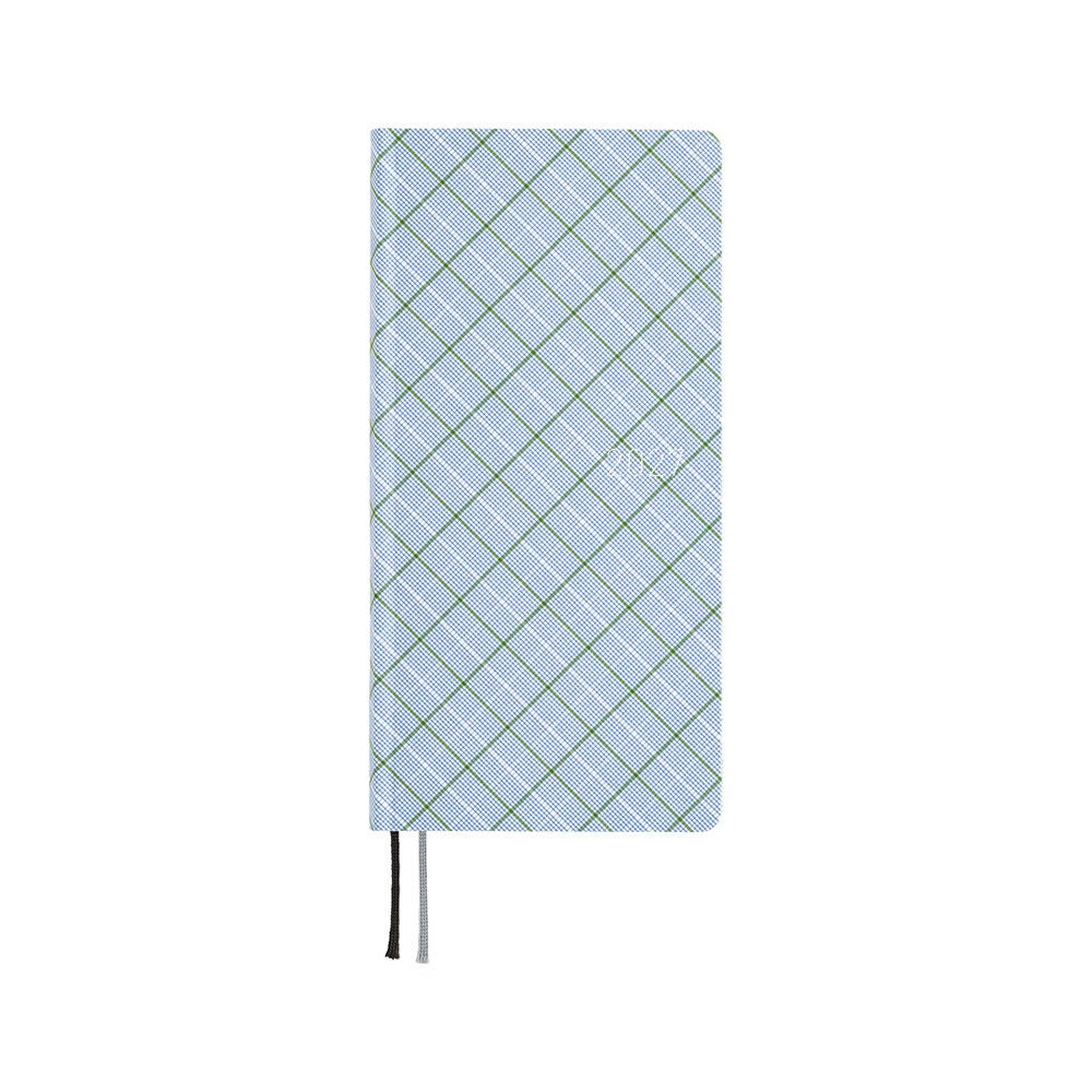 A 2027 fabric-covered planner with a simple blue, white, and green plaid pattern across the cover.