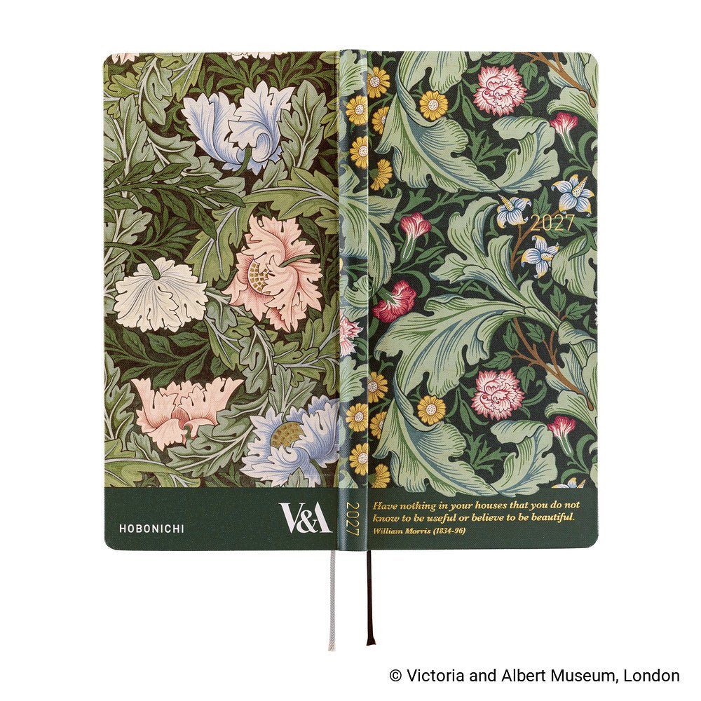 The exterior of a 2027 planner featuring John Henry Dearle’s 1912 "Leicester" wallpaper pattern and a quote that says ""Have nothing in your houses that you do not know to be useful or believe to be beautiful." The back features another the wallpaper design and has the Hobonichi and V&A logos on the bottom.