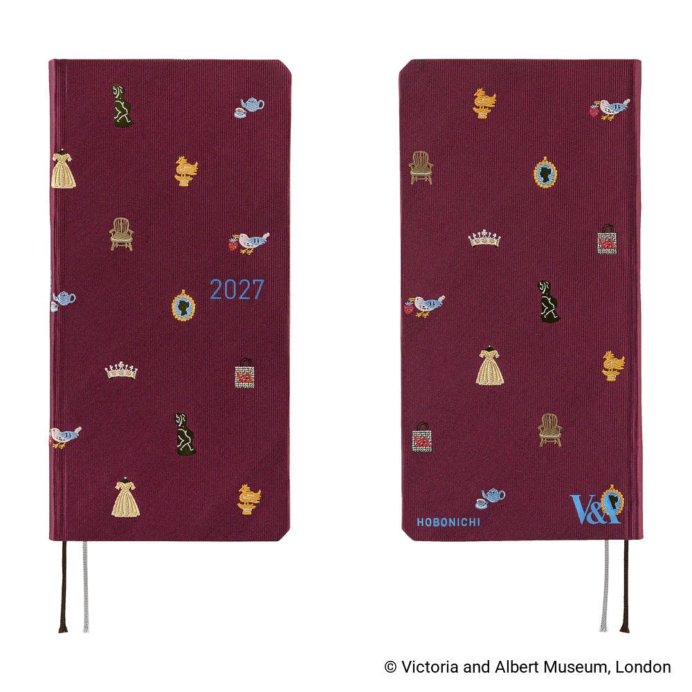A front and back view of a 2027 journal covered in woven "bow & tie" fabric featuring icons from the Victoria & Albert museum collection, such as a crown, teapot, chair, and dress.