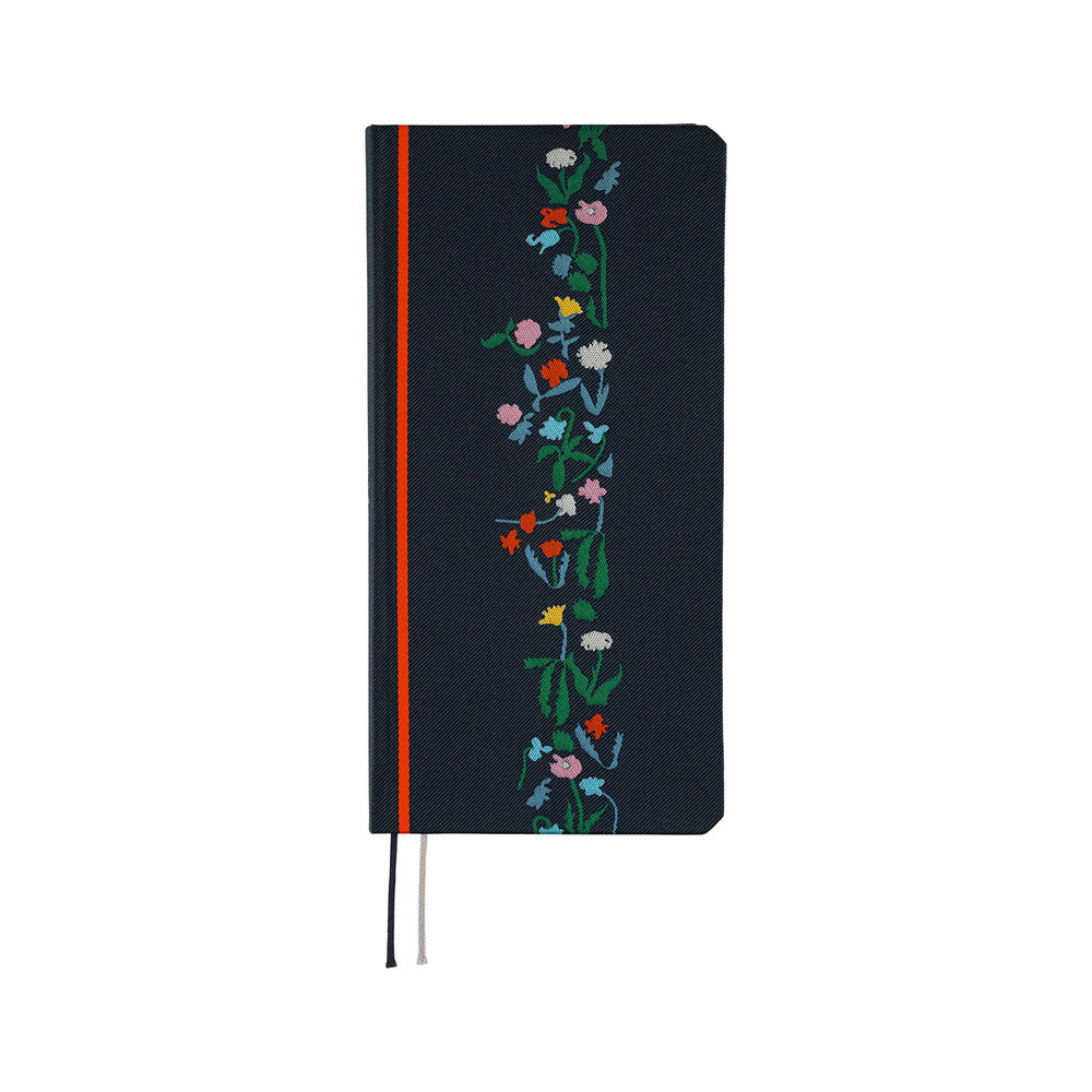 A dark navy blue planner with a vertical floral vine design in green, pink, blue, yellow, and white along the right side. It features a bright red band near the spine and ribbon bookmarks hanging from the bottom.