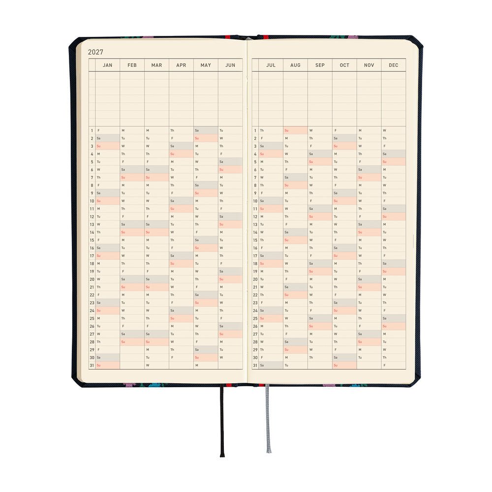 An open 2027 planner displaying a yearly calendar spread with cream-colored pages, and black grid lines. Two black ribbon bookmarks hang from the bottom.
