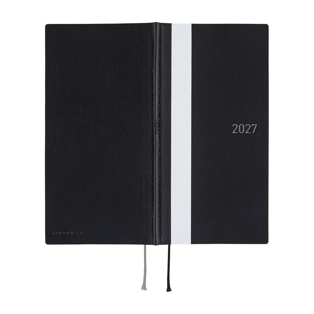 A black 2027 planner with a vertical white stripe down the center, featuring a white ribbon bookmark, shown on a plain white background.