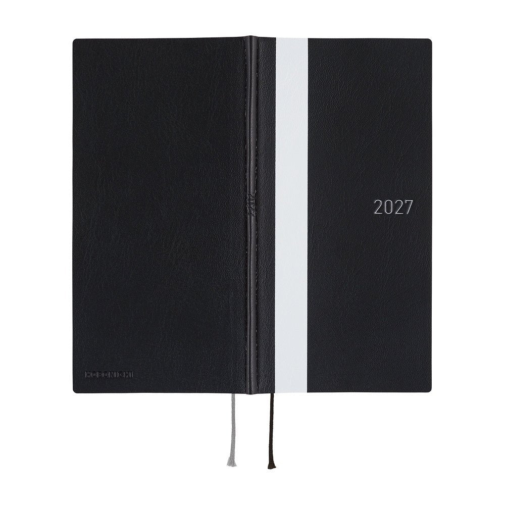 A black 2027 planner with a vertical white stripe down the center, featuring a white ribbon bookmark, shown on a plain white background.