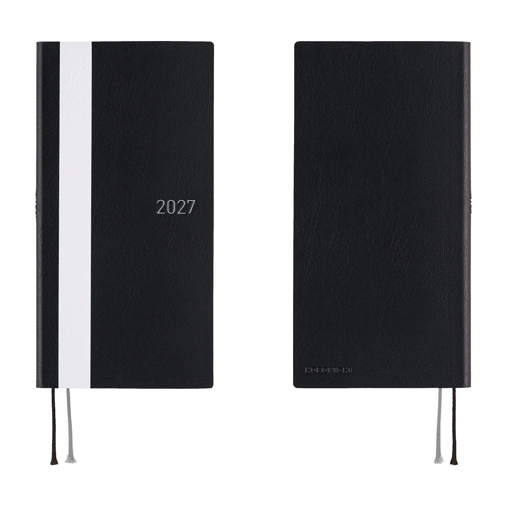 Two views of a black 2027 planner on a white background, showing the front cover with a white vertical stripe and the back cover with ribbon bookmarks.