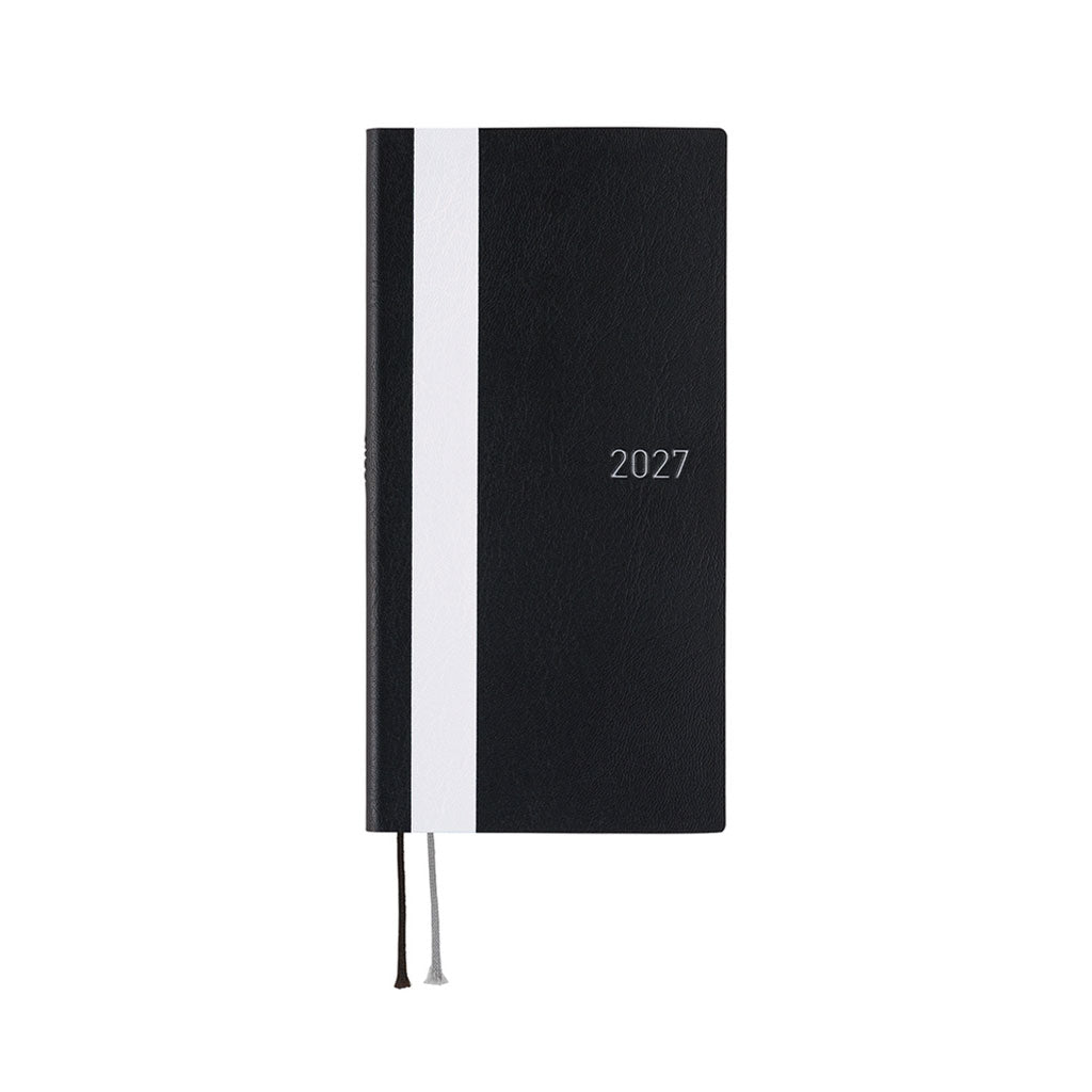 A black textured 2027 planner with a vertical white stripe down the center and the year '2027' printed in white on the front cover, shown on a plain white background.