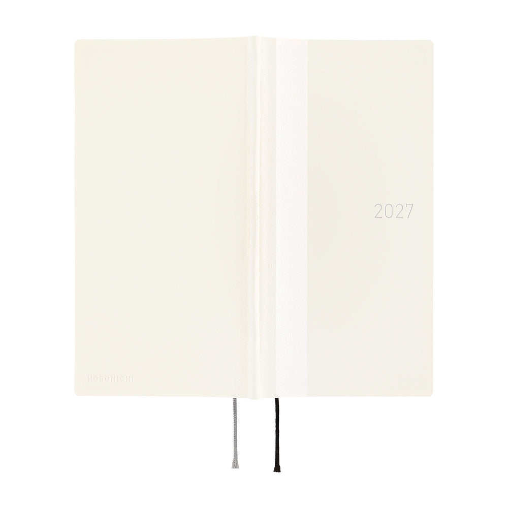 An off-white planner or notebook shown open, with a vertical spine, a white band, the year '2027' printed on the right side, and two ribbon bookmarks hanging from the bottom.