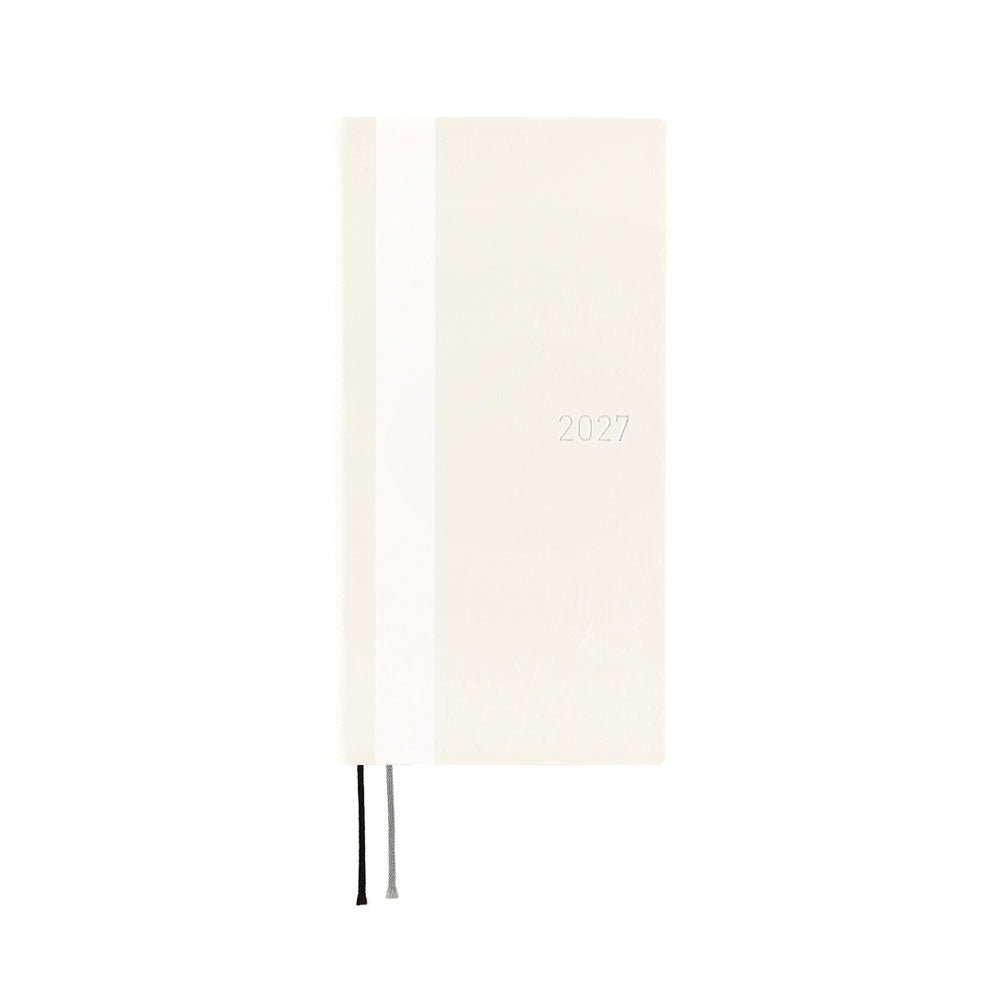 A cream-colored 2027 planner with a white stripe and two bookmark tabs, shown on a solid white background.