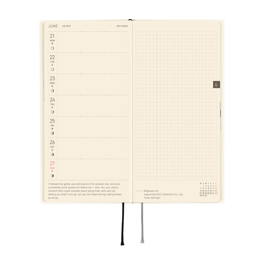 An open weekly planner spread on a white background, showing a left column for Monday through Sunday with dates and brief prompts, and a right column with light gray grid squares. The pages are cream-colored with black text and small red accents.