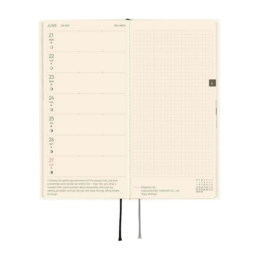 An open weekly planner spread on a white background, showing a left column for Monday through Sunday with dates and brief prompts, and a right column with light gray grid squares. The pages are cream-colored with black text and small red accents.