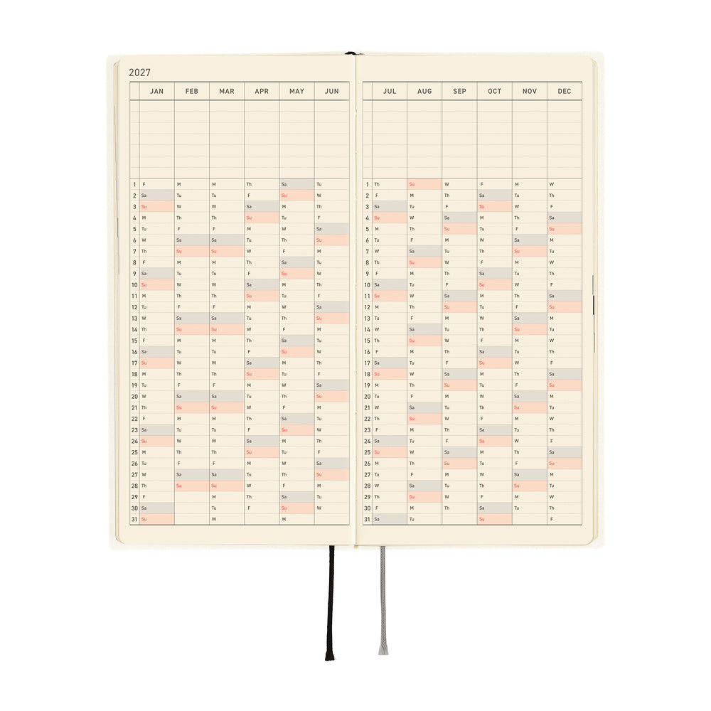 An open 2027 daily planner with two facing pages showing a yearly calendar.