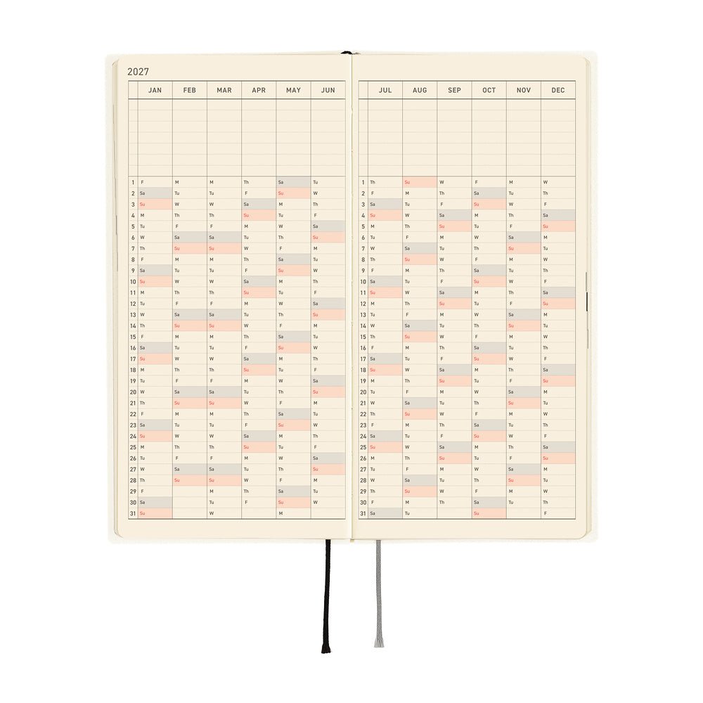 An open 2027 daily planner with two facing pages showing a yearly calendar.