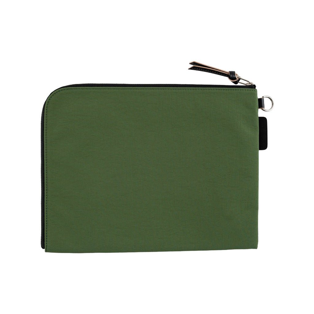 A green A5 zippered tragen flat pouch closed on white background