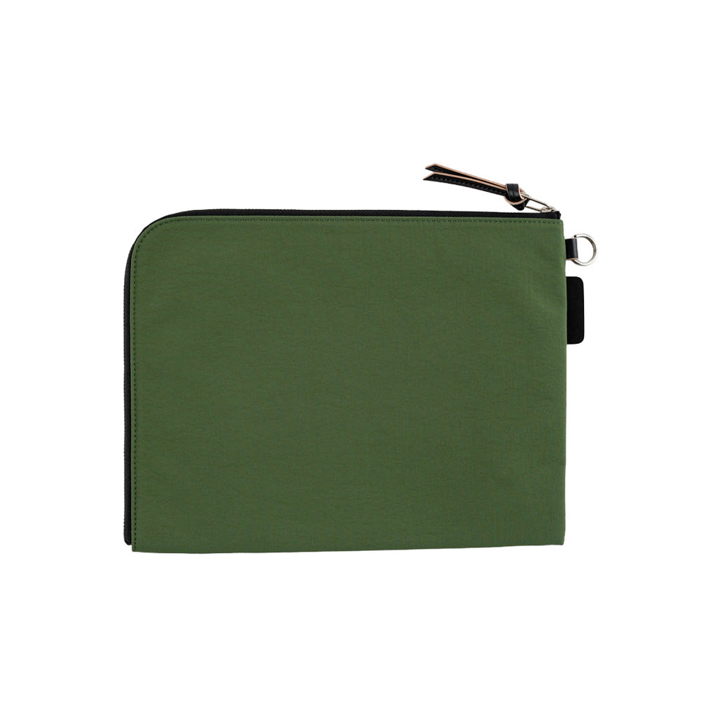 A green A6 zippered Tragen flat pouch on white background