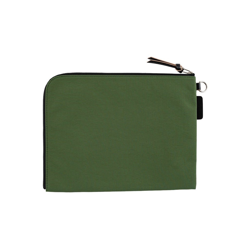 A green A6 zippered Tragen flat pouch on white background