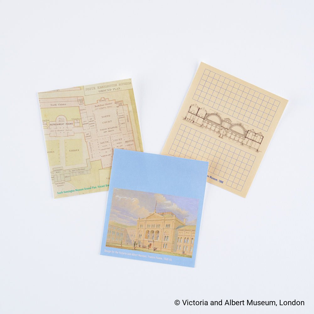 Three vintage-inspired sticky note sheets from the Victoria and Albert Museum on light background