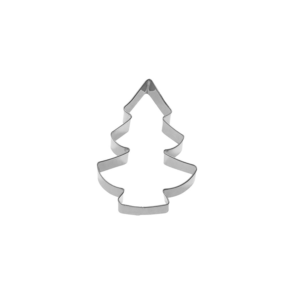 Metallic Christmas tree-shaped cookie cutter on a white background.
