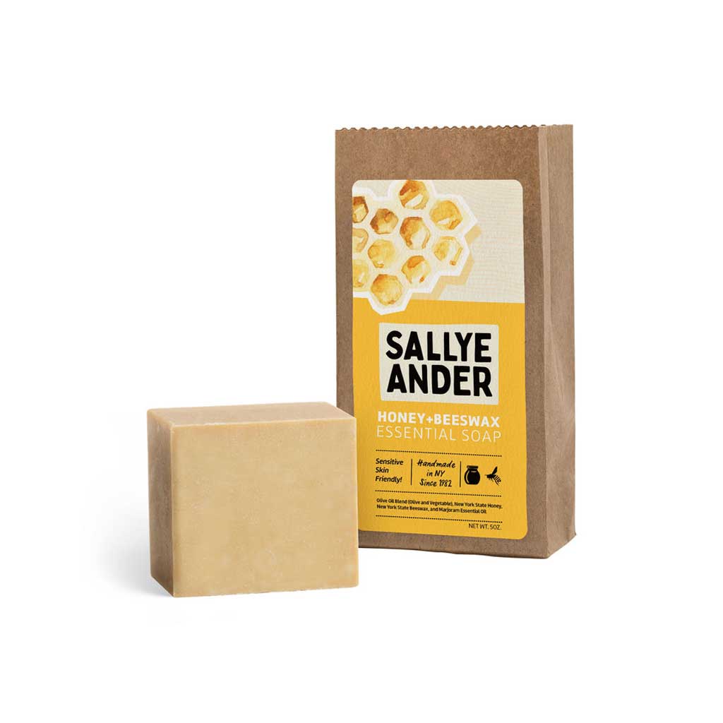 Sallye Ander honey-beeswax essential soap with packaging on a white background