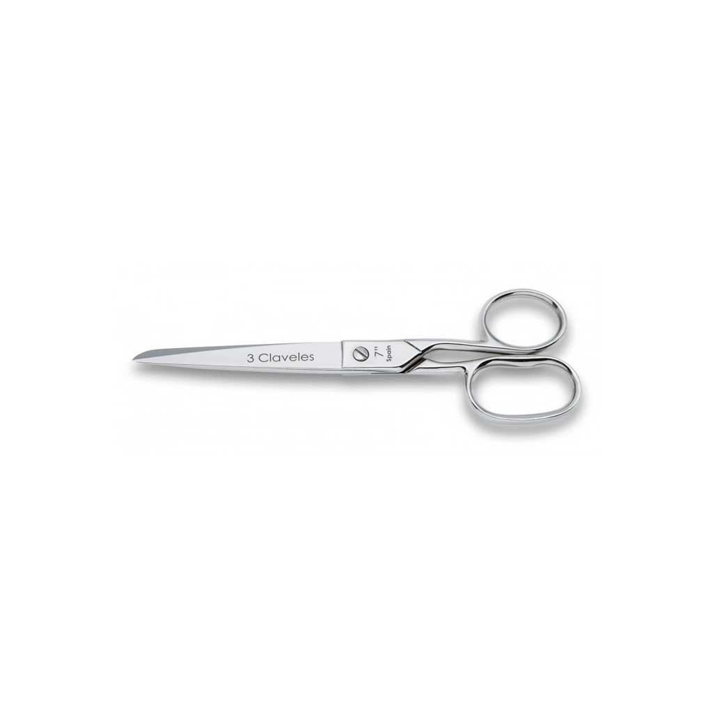 Silver cloth scissors with '3 Claveles' branding on a white background
