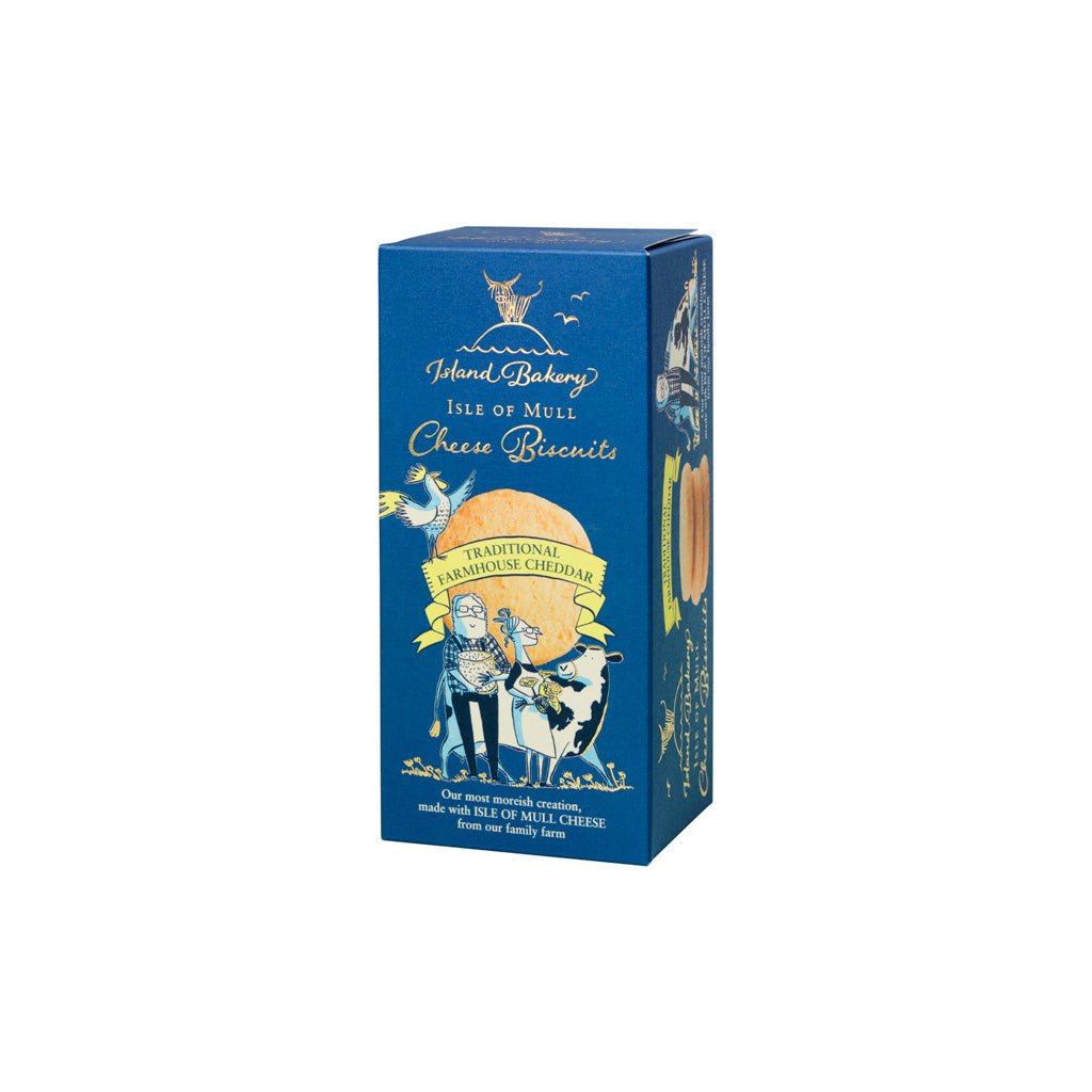 A blue box of Isle of Mull cheese biscuits at an angle on white background.