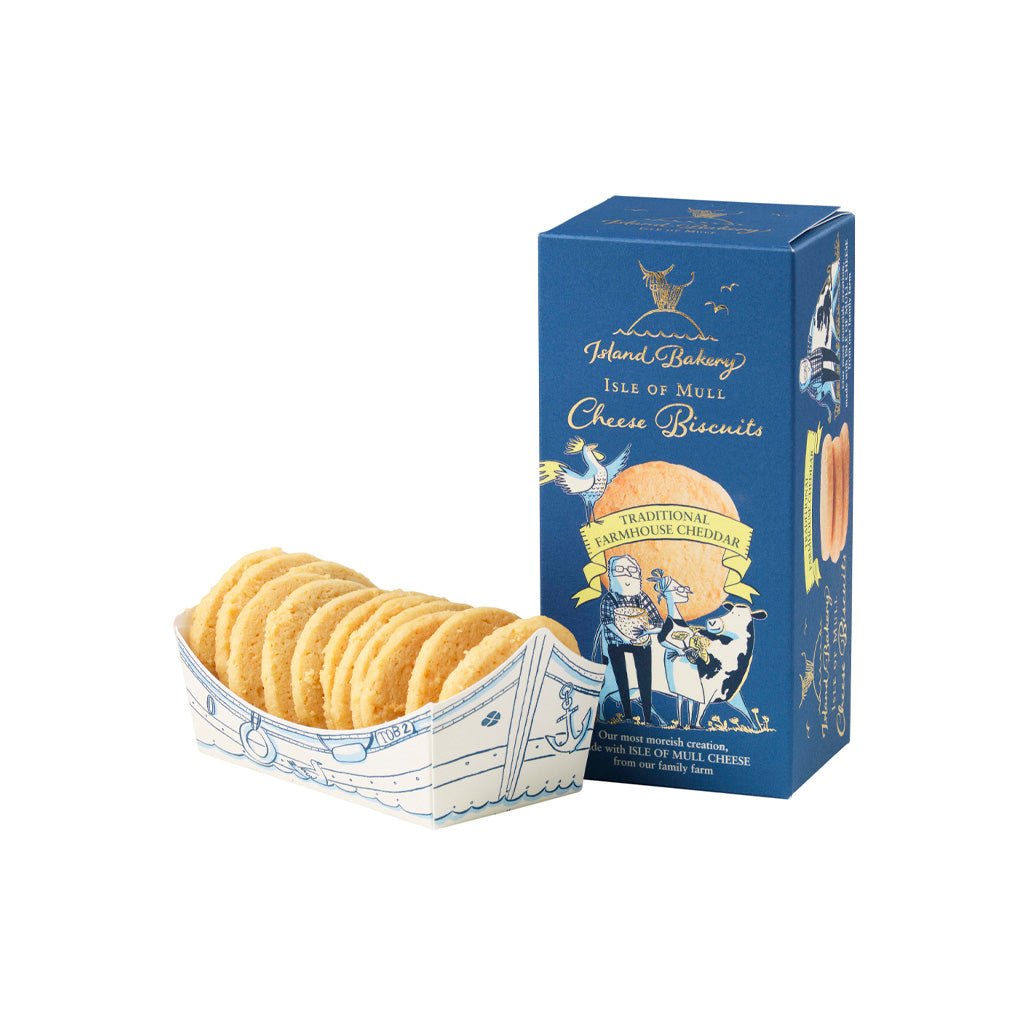 Blue box of Isle of Mull cheese biscuits next to sleeve of biscuits.
